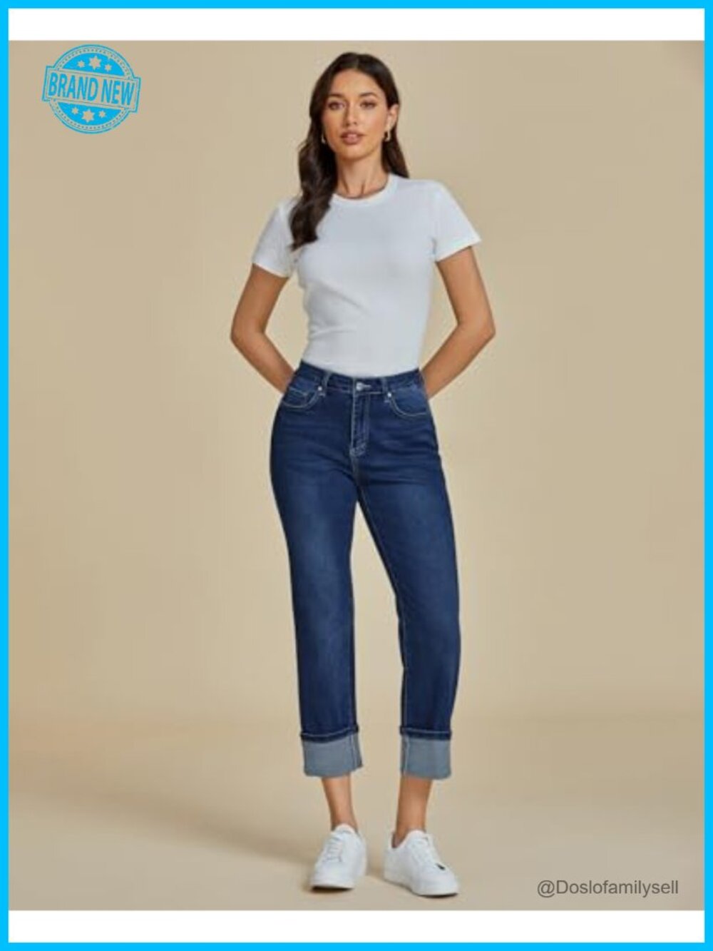 Straight Leg Cropped Jeans with Pockets High Waisted Cuffed Hem Stretchy - Picture 5 of 7